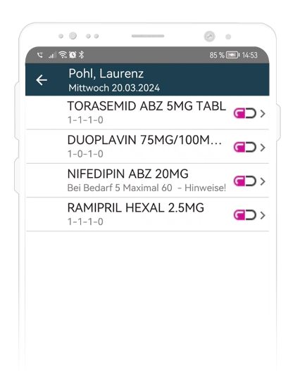 Bild der zu geben Medikamente mit Schema aus der CareAssist-App